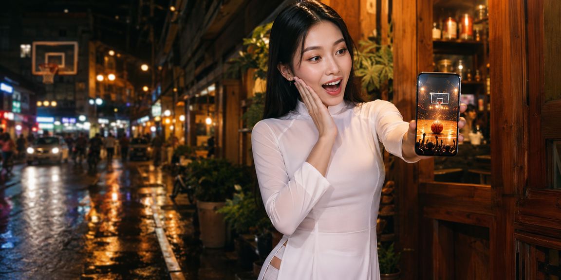 Người phụ nữ áo dài tại Hồ Chí Minh theo dõi cá cược bóng rổ và kiểm tra giao dịch tài chính trên điện thoại