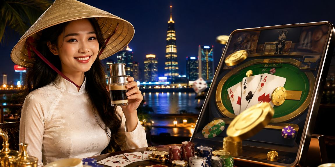 Người phụ nữ đội nón lá tại Sài Gòn chơi bài và theo dõi chương trình tiền thưởng kt1