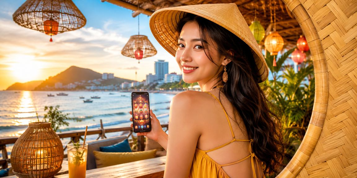 Người phụ nữ đội nón lá tại Vũng Tàu chơi casino trên điện thoại di động kt1